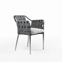 Detailed 3D model of a modern woven chair with metal legs, rendered in Blender, suitable for interior design visualizations.