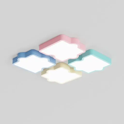 Colorful puzzle piece-shaped roof lights render for 3D Blender interior design.