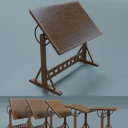 "Adjustable wooden drafting table with French-inspired design, compatible with Blender 3D software. Features adjustable angle and tabletop with educational supplies, mechanical design, and microphones. Perfect for drafting and art projects."