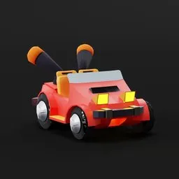 Red and yellow low-poly stylized cartoon car model with unwrapped texture, ideal for Blender 3D motion graphics and mobile gaming.
