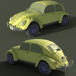 3D Blender model of low poly vintage car in yellow, optimized for historic vehicle rendering and animation.