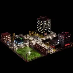 Detailed Blender 3D model of an illuminated urban environment with multiple buildings, a football field, and streets.