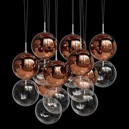Copper and silver spherical 3D pendant lights hanging, Blender render for interior design.