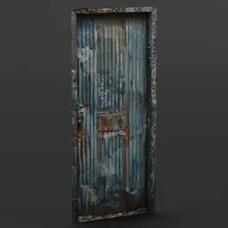 Realistic Blender 3D model of weathered metal shed door with rust and peeling paint texture.