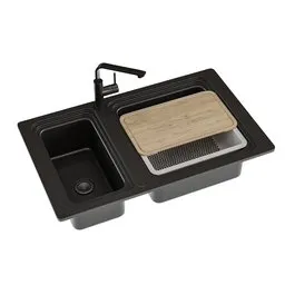 Detailed Blender 3D model of a 1.5 bowl kitchen sink set with accessories, rendered in Cycles and available in .blend format.