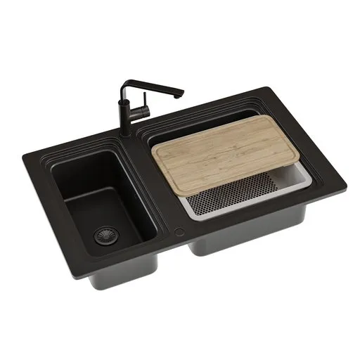 Detailed Blender 3D model of a 1.5 bowl kitchen sink set with accessories, rendered in Cycles and available in .blend format.