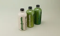 Three 3D modeled glass bottles in shades of green and white for mockup use in Blender.