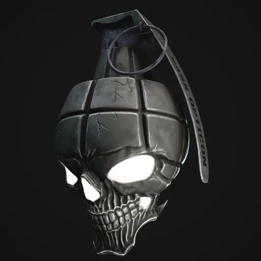 High-detail skull-shaped grenade 3D model suitable for Blender rendering, showcasing a dark artistic design.