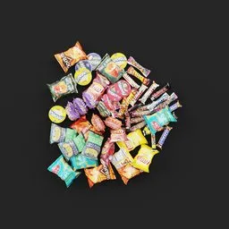 "Junk Food 3D model for Blender 3D: A variety of colorful sweets and dessert snacks displayed on a black surface. Perfect for commercial product photography, this high exposure image features pouches, twirls, and a vending machine. Created using Blender 3D software."
