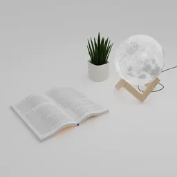 Detailed 3D rendering of a moon lamp, open book, and plant for Blender décor visualization.