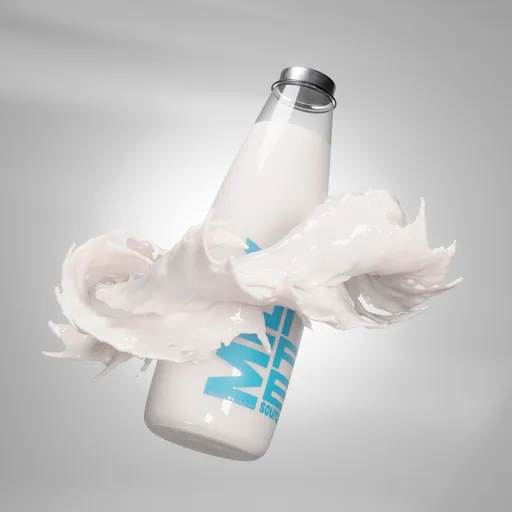 Photorealistic 3D modeled bottle with dynamic cream splash, Blender mockup for product showcase.