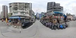 360-degree panoramic HDR image of Hong Kong street scene with buildings for realistic lighting in 3D renders.