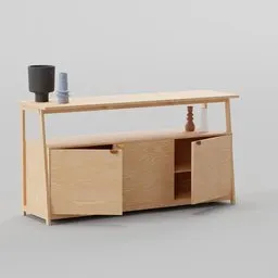 "Buffet 3 Doors POLA by Tikamoon: a realistic and beautifully rendered 3D model of a wooden buffet with three doors. Inspired by Japanese house aesthetics and Katsukawa Shunchō, this BlenderKit model showcases a wooden shelf with a vase, accompanied by a cart and table with a cup. Perfect for adding a touch of elegance to your 3D scenes."