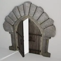 Low-poly Blender 3D model of a medieval double door with open wooden doors and stone arch for castle or church scenes.