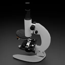 Detailed 3D rendering of a laboratory microscope, suitable for Blender animation, on a dark backdrop.