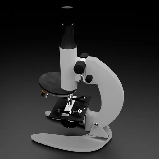 Detailed 3D rendering of a laboratory microscope, suitable for Blender animation, on a dark backdrop.