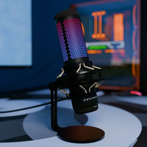 Detailed 3D model of a microphone with dynamic RGB lighting, compatible with Blender for audio design visualization.