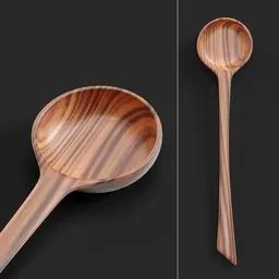 "3D model of a sculpted wooden soup spoon, designed with unique features and polished finishing. Perfect for fine dining and inspired by the works of Ernő Grünbaum and Marcin Blaszczak, created using Blender 3D software."