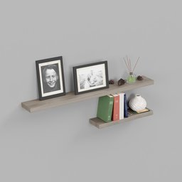 "Wooden wall shelves with decorative elements including photo frames, aroma sticks, cones, books, and a cracked vase. High-quality 3D model designed for Blender 3D software. Available at the official store, created by Andries Stock."