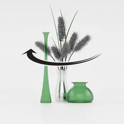 Minimalist 3D render of vases with decorative grass, ideal for Blender projects in design presentations.