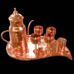 High-quality 3D model of a Persian copper teapot set with cups on a tray for Blender rendering.