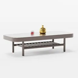 Detailed 3D render of a modern wooden coffee table with lower shelf, accessories on top, ideal for Blender modeling.