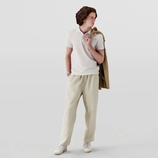 3D model of a curly-haired young man in casual white clothing with a beige jacket over his shoulder, standing relaxed.