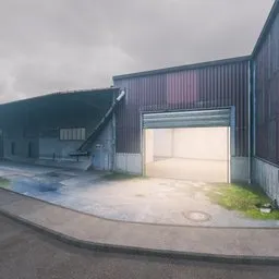 Detailed 3D urban industrial garage scene with animated door feature, built for creative design in Blender.