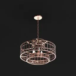 "Get the modern 3 tiered Alexandria Pendant by LG for your next 3D project in Blender. With caged design and steel collar, this ultra-detailed ceiling light fixture features a pink volumetric studio lighting effect, making it dance elegantly over you. The chain and cord are customizable, offering a personalized fit."