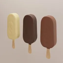 "3D model of ice cream on a stick with chocolate coating, created using Blender 3D software. The model features three ice cream bars lined up on a stick and boasts ultra-realistic, physically-based rendering. Inspired by Max Slevogt and perfect for sweet dessert scenes."