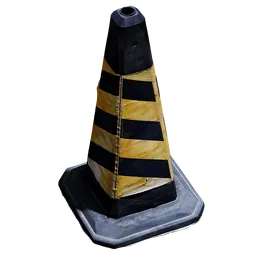 Detailed traffic cone 3D model with black and yellow stripes, suitable for cityscape scenes in Blender.