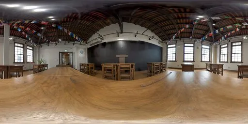 360-degree HDR panorama of a wooden-furnished room with tables and chairs, ideal for realistic lighting and rendering.