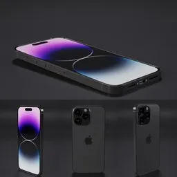 "3D model of Apple iPhone 14 Pro Max (16th Gen) created in Blender 3D software. Featuring a new design, inspired by Mike Winkelmann and Muqi, with circular glasses and a space fractal gradient package cover. The phone is centered in the image with a horizontal ring and anamorphic slate finish."