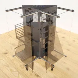 Detailed 3D rendering of a transparent computer case model with visible mounts and panels, optimized for Blender.