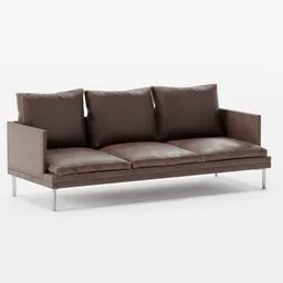 Detailed 3D brown leather sofa model with cushions for Blender rendering and animation.