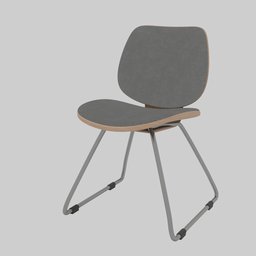 "Fabric and wood regular chair on wheels in solid grey slate, suitable for classrooms. Detailed product shot in muted colors with tall thin frame and staples. Blender 3D model with phong shading and left alignment."