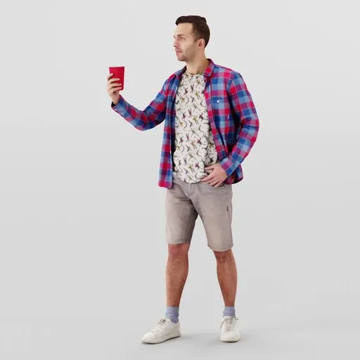 College male 3D model holding red cup in Blender ready stance for party scene rendering.