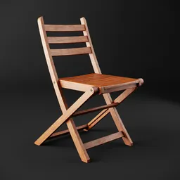 "Folding wooden chair 3D model for Blender 3D, featuring an old-style design reminiscent of Clint Eastwood movies. Detailed and textured with 9 faces, ideal for game assets or CGI. Created by Ben Enwonwu and Bholekar Srihari in 1998 using Cinema 4D and OpenGL."