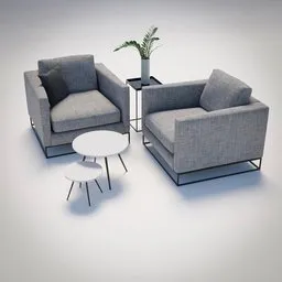 "Get cozy with our Sofa Table Set 3D model for Blender 3D featuring two sofas, side tables, and a beautiful indoor plant. This detailed product image boasts modular constructivism and Swedish design, perfect for your next game render or interior design project."