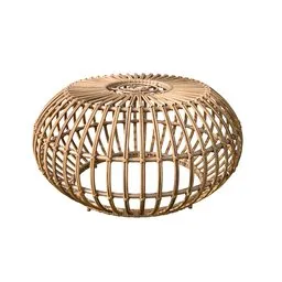 Intricate 3D wicker coffee table model with curved open weave design and metal frame for boho-chic outdoor decor.