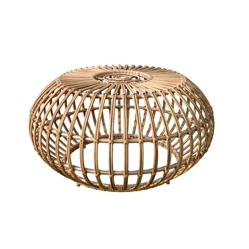 Intricate 3D wicker coffee table model with curved open weave design and metal frame for boho-chic outdoor decor.