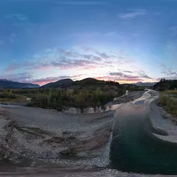 Aerial Sunset over River and Mountains