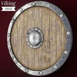 "Viking Shield 3D model with wooden body and metal rivets for historic military games in Blender 3D. Features fur and leather armor, strong walls, and a metal ring in authentic viking style. Optimizable with lower quality textures and modifier disabling."