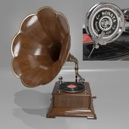 Detailed 3D model of a Sonata anchor brand gramophone with animated motor and customizable LP label for Blender.
