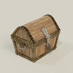 Realistic wooden 3D treasure chest model with metal accents, optimized for Blender rendering.