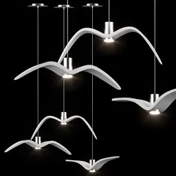 "Brokis Night Birds Pendant Light, a parametric solid works 3D model in the ceiling-light category. Three white birds with lights on, each having six wings and sleek spines, inspired by the great migration and Heikala's style. Perfect for high-contrast lighting in infinitely long corridors, as seen in this studio product shot."