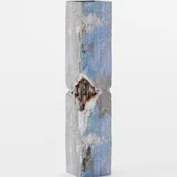 "Low-poly game-ready concrete pillar with rebar and PBR textures created in Blender 3D. This damaged cityscape structure is reminiscent of ancient crumbling skyscrapers and features a rusted blue vase inspired by Japanese artist Shōzō Shimamoto."