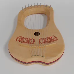 Detailed 3D Blender model of a pear wood medieval lyre with intricate Celtic designs and a detailed decorative ribbon.