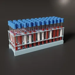 "3D render of K2 EDTA vacuum blood tubes with holder, perfect for medical and laboratory illustrations in Blender 3D. Reflective global illumination creates a realistic effect, depicting blood collection vials in detail. By Paul Feeley."