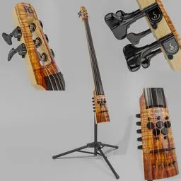 "NS Design CR5 Omni Bass 3D model for Blender 3D - a versatile and modern hybrid instrument with 34-inch scale length and curved bridge. Comes with a tripod stand and the ability to switch between vertical or horizontal playing techniques using pizzicato or arco. Opal inlaid scale markings add a touch of luxury to this bamboo wood instrument."